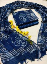 Linen Cotton Blue Festival Wear Printed Dress Material